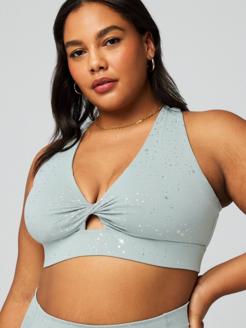 Fabletics Oasis Twist Medium Impact Sports Bra Sage Grey Sprinkle